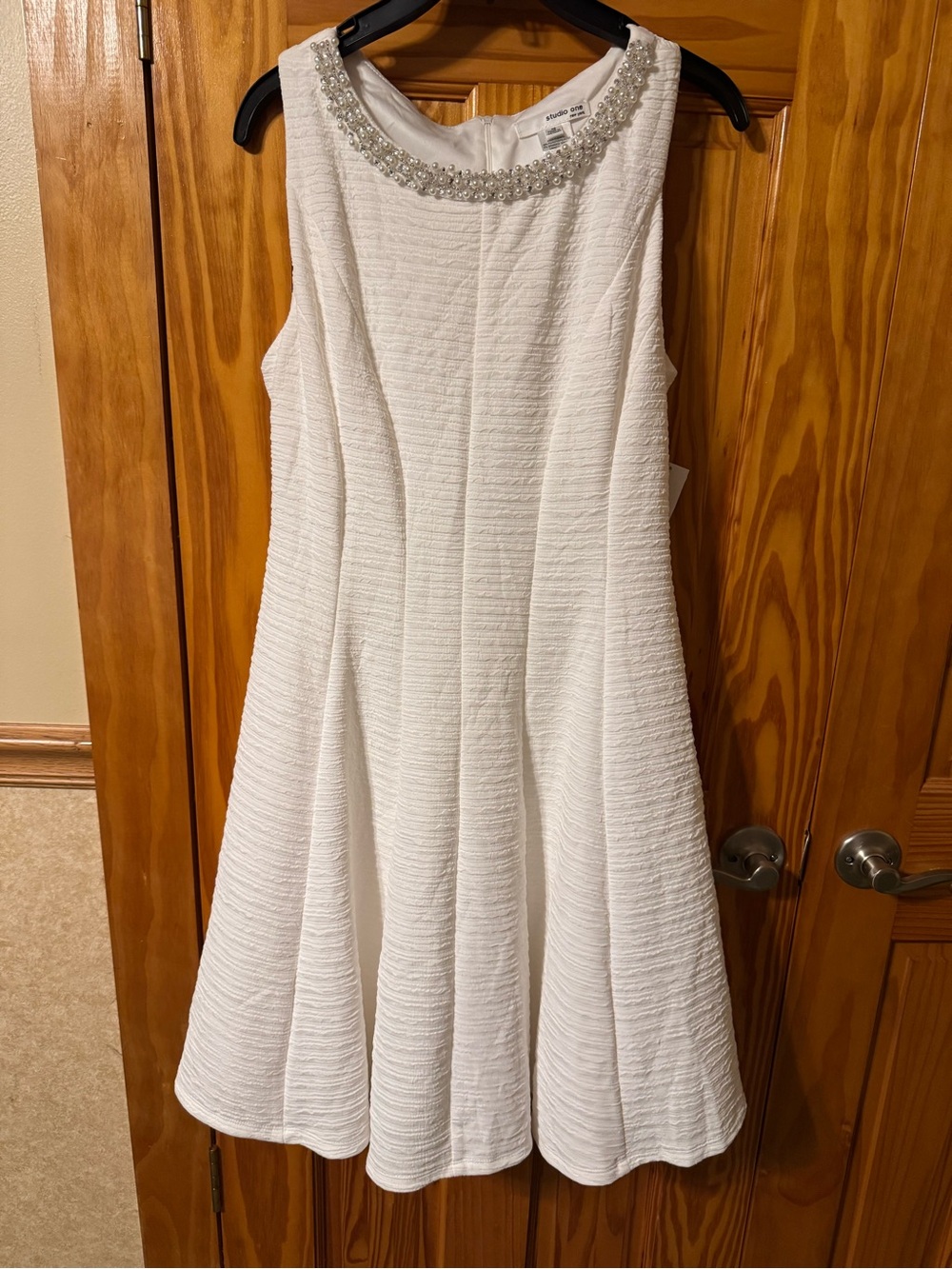 Studio One New York white  Fit & Flare Round Neck Beaded Jacquard Dress 10